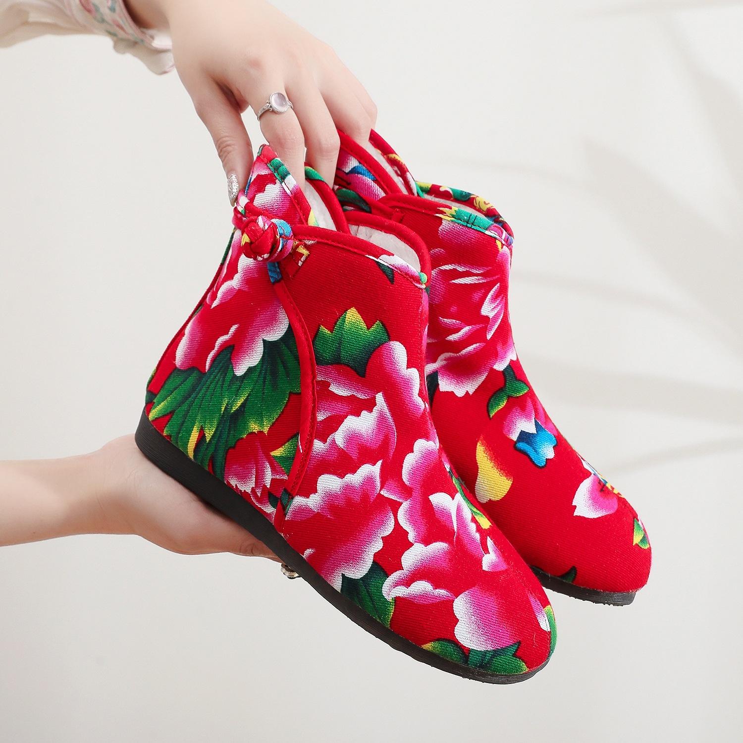 

Старые пекинские хлопковые туфли, осенние и зимние бархатные утолщенные туфли с цветочным узором, теплая обувь для людей среднего и пожилого возраста, хлопковые туфли с нескользящей мягкой подошвой 35 красный