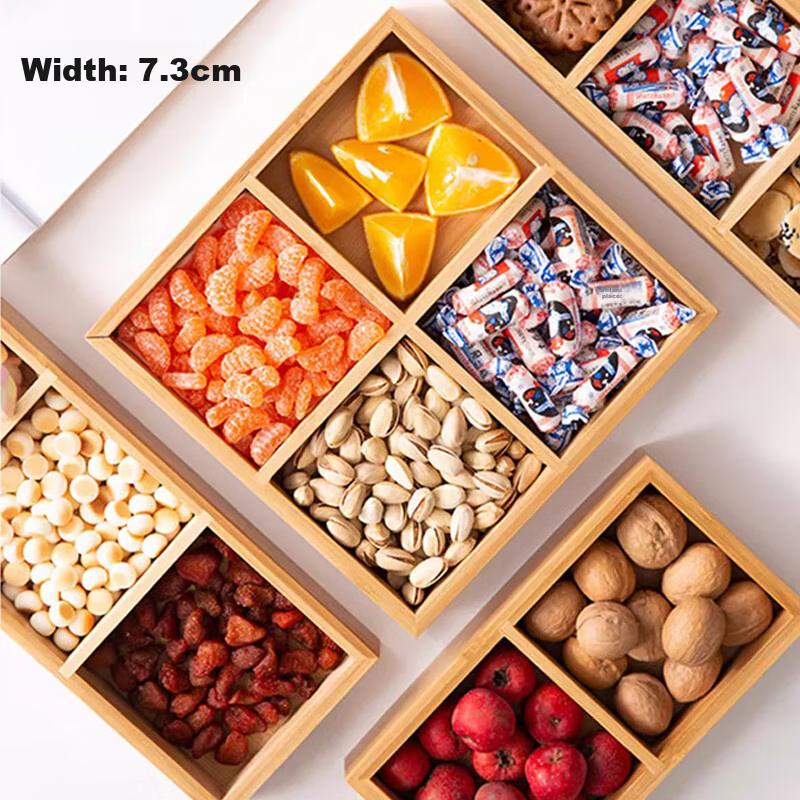 Dried Fruit Tray with Bamboo Wood Dividers, 4-Compartment Nut Dish, New Chinese Style Storage Box, Tea Brewing Tray for Living Room Coffee Table