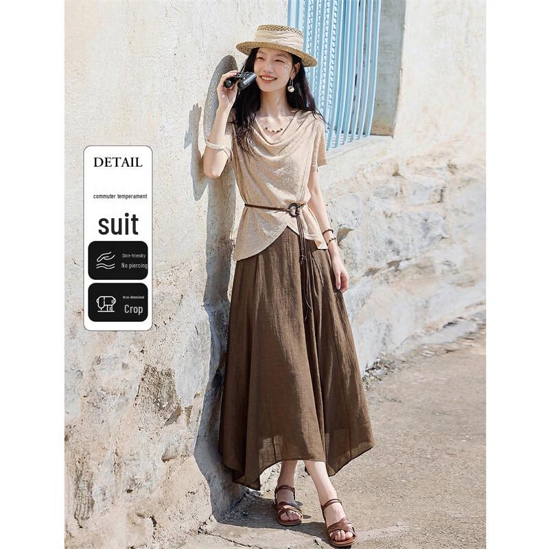 Women s Linen Blend Drape Neck T-Shirt & Skirt Set XL