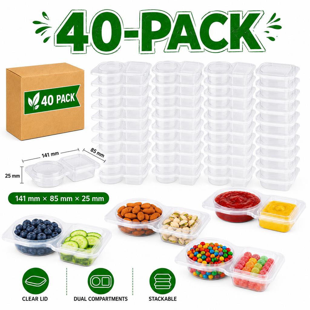 CONFEZIONE da 10/20/40 Contenitori per Condimenti a Doppia Scomparto Con Coperchio in Plastica Ermetica per Snack e Salse per Pranzo e Preparazione Pasti Quotidiana