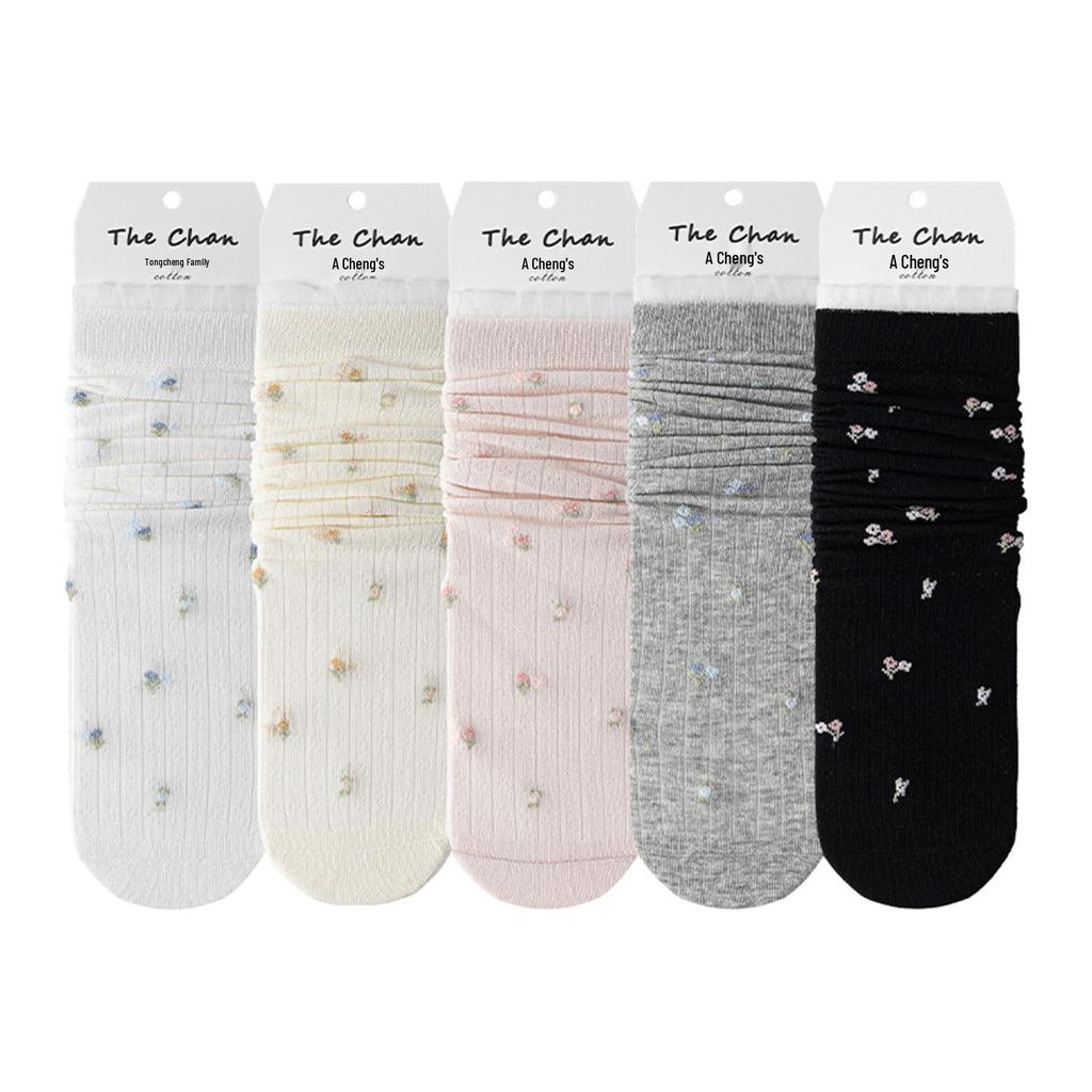 Women's Spring & Summer Korean-Style Floral Lace Trim Slouch Socks - Mid-Calf, Seamless, Thin