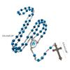 Vintage Glass Sapphires Blue Bead Necklace Religious Cross Pendant Rosary Necklace Christian Prayer Jewelry Baptism Gift