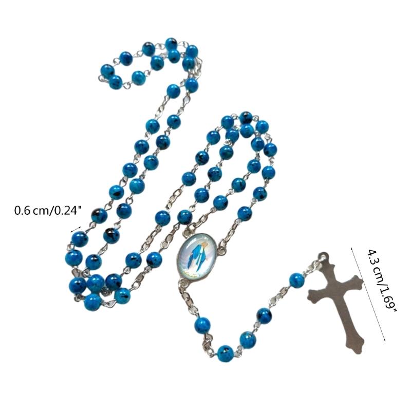 Vintage Glass Sapphires Blue Bead Necklace Religious Cross Pendant Rosary Necklace Christian Prayer Jewelry Baptism Gift