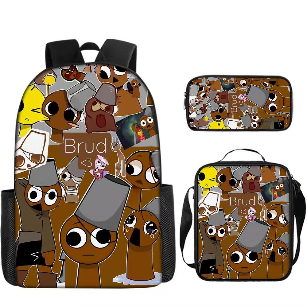 Rhythm Box Three-Piece Children'S Picnic Bag Cartoon Animation Pencil Bag Large Capacity Wear-Resistant Anti-Splash Schoolbag