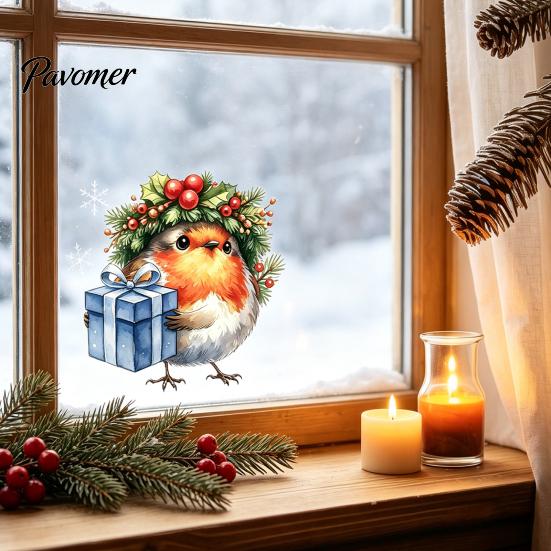 Glass Door Decorative Scenes Christmas Bird Static Window Sticker, Cute Watercolor Stickers with Wreath And Gift Box, PVC Festival Atmosphere