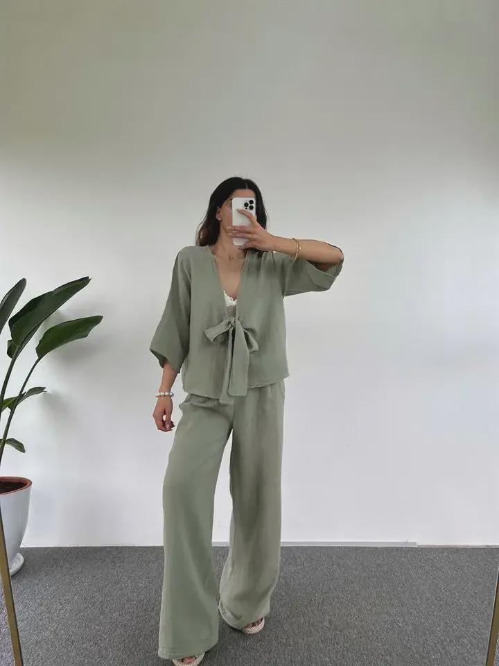 Damenmode, lässig, einfarbig, Strickjacke mit Krawatte und Hose, zweiteiliges Set