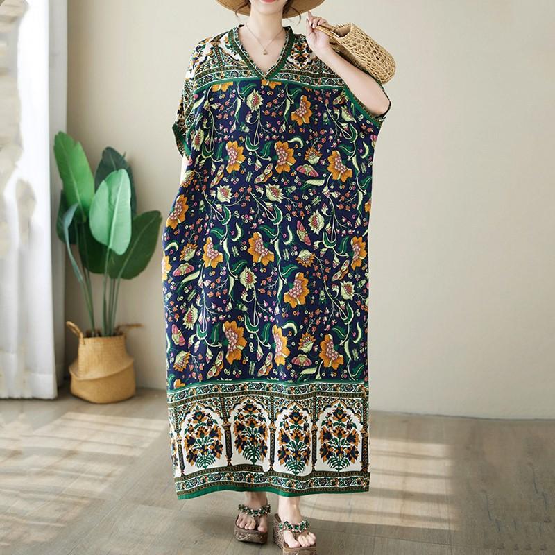 Krátký rukáv Plus Size Bavlna Satén Vintage Květinové Nové v Šatech pro Ženy Ležérní Volné Dlouhé Letní Šaty