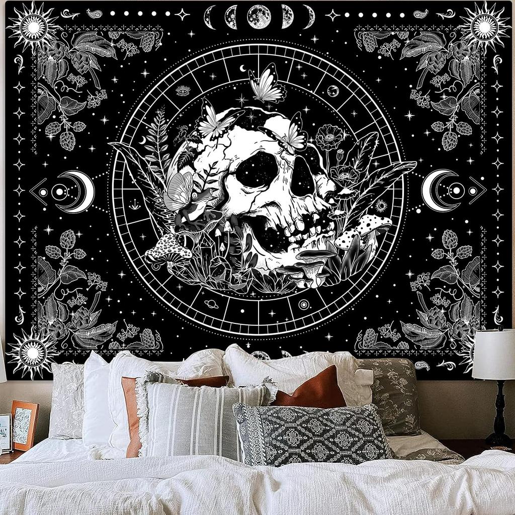 Black and White Skull Tapestry Hippie Natural Botanical Floral Aesthetic Living Room Dormitory Wall Hanging Home Decor