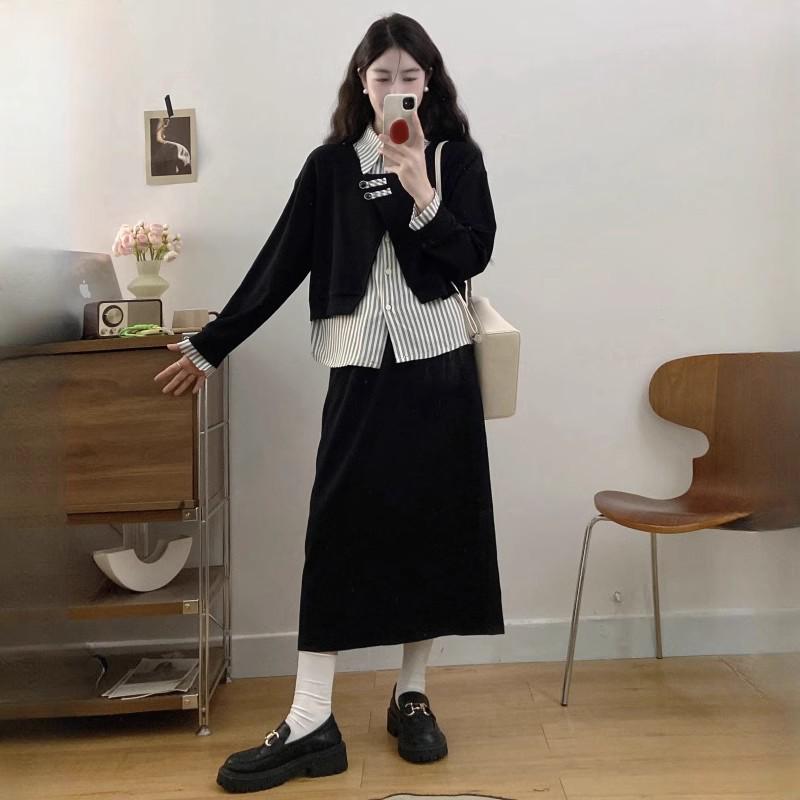 2025 Plus Size Autumn Fashion: Two-Piece Set with Spliced Shirt & Midi Skirt