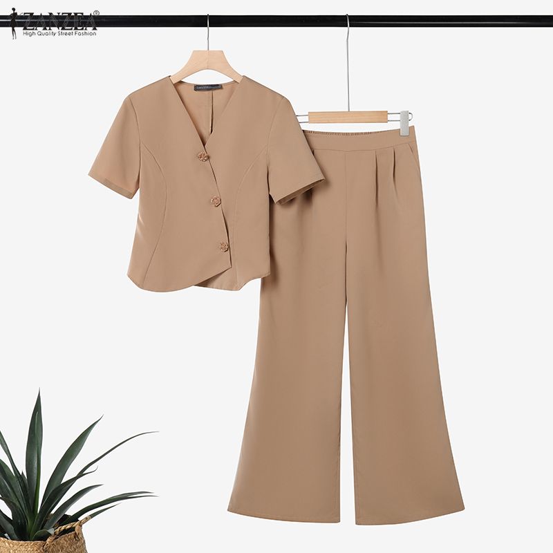 ZANZEA Kadın Kısa Kollu Bluz ve Pantolon Günlük İki Parça Takım Setleri