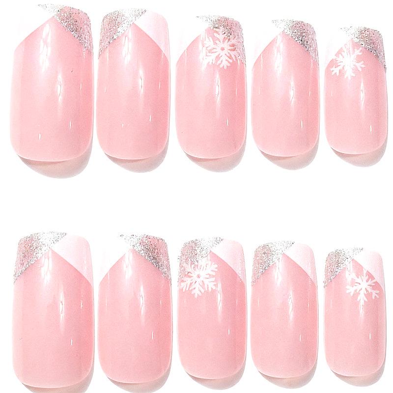 European & American Christmas Style: 24-Piece French Glitter Snowflake Medium-Length Nails for Christmas Season