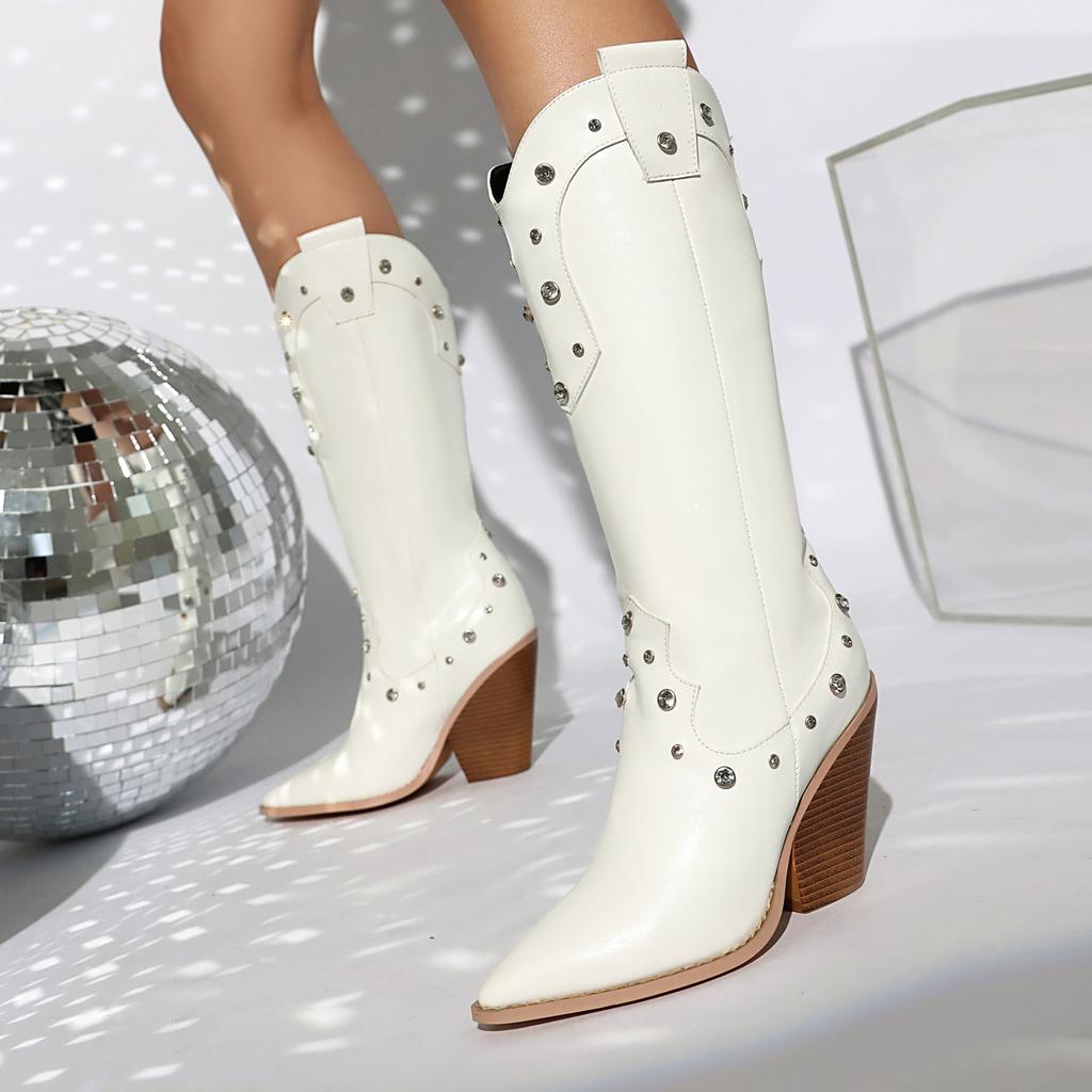 Damen Westernstiefel Crycle Mid-Calf Stiefel 9,5cm Ausschnittabsätze Schuhe Retro Lässiges Schuhwerk