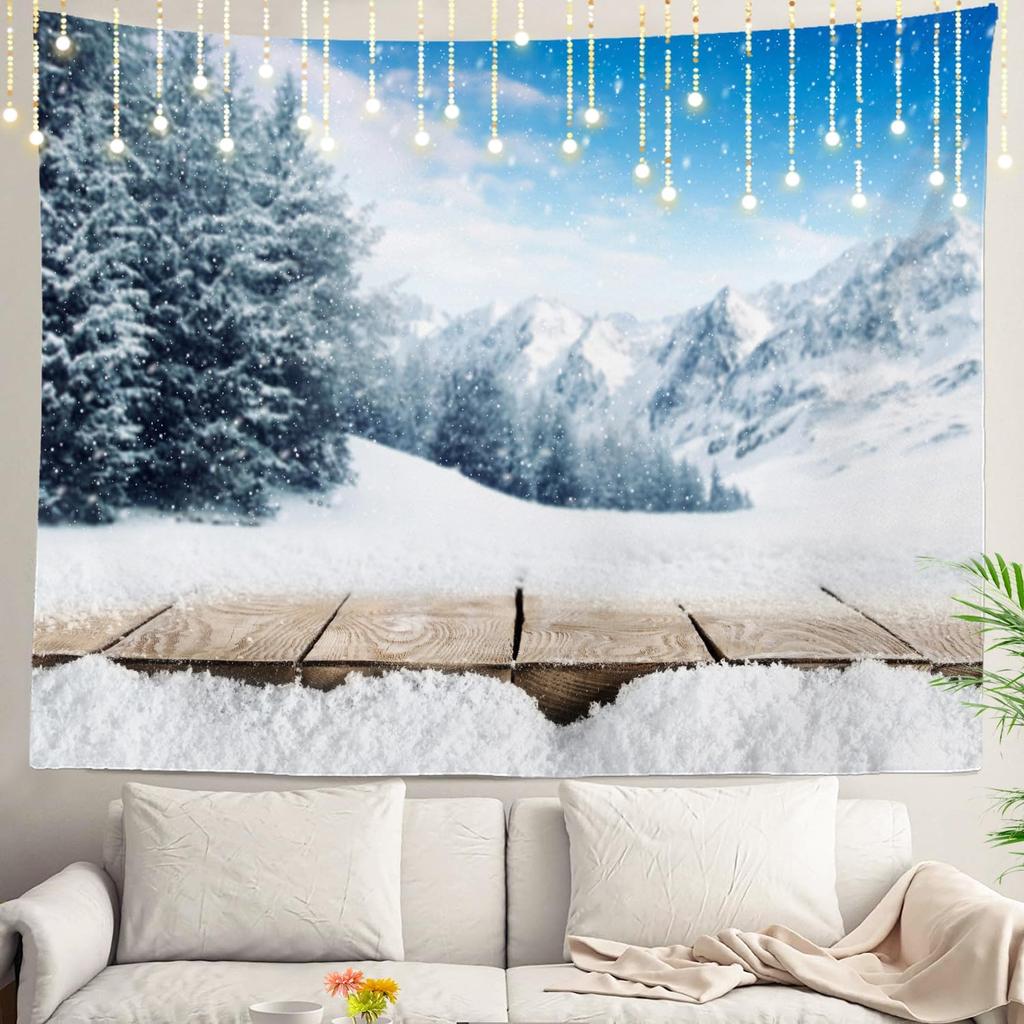 White Snow Wall Tapestry, Grey Wall Hanging Large Tapestry Decoration Polyester Fiber White Hem Around for Dorm Room Bedroom