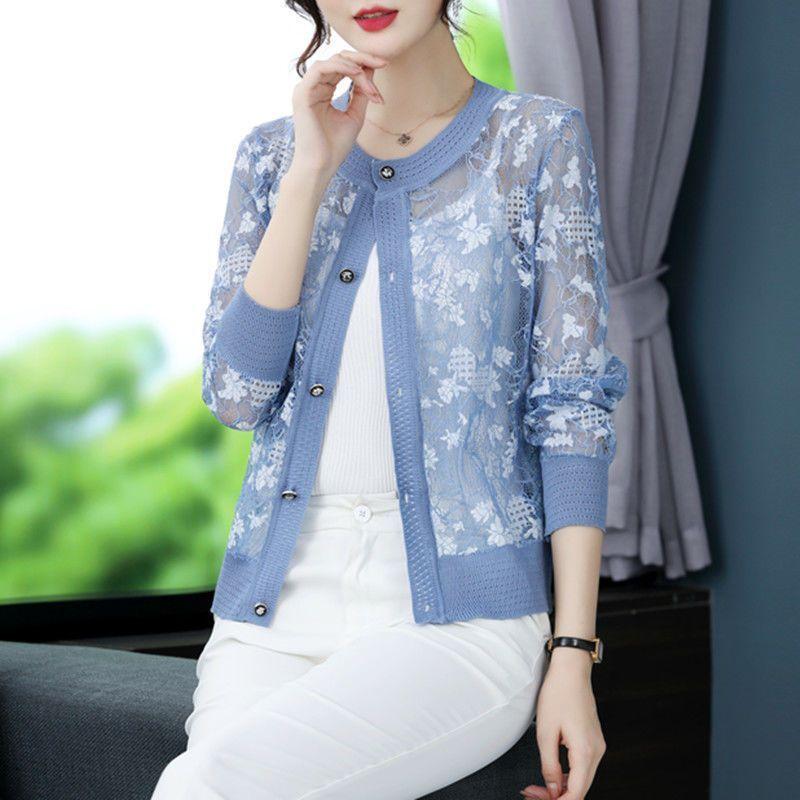 Cardigan de Encaje de Punto para el Sol de Verano Chaqueta Moda para Mujer de Mediana Edad Chal Corto Ropa de Punto Camisa Abrigo Femenino