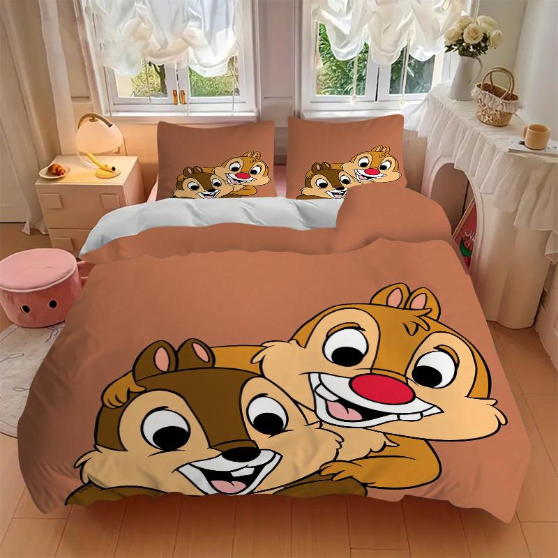 3pcs Naughty Chip 'n' Dale Printed Duvet Cover Set (1 * Cover+2 * Pillowcase, Without Core), Suitable for Home Bedroom, Guest Room, Dormitory Dec