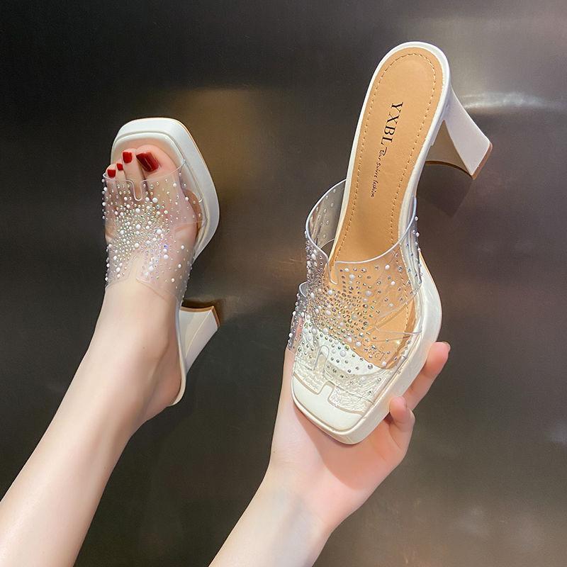 Transparent Thick-soled Cool Slippers Women's 2025 New Fashion Outer Wear Rhinestone Square Heel Internet Celebrity Summer High Heels Temperament