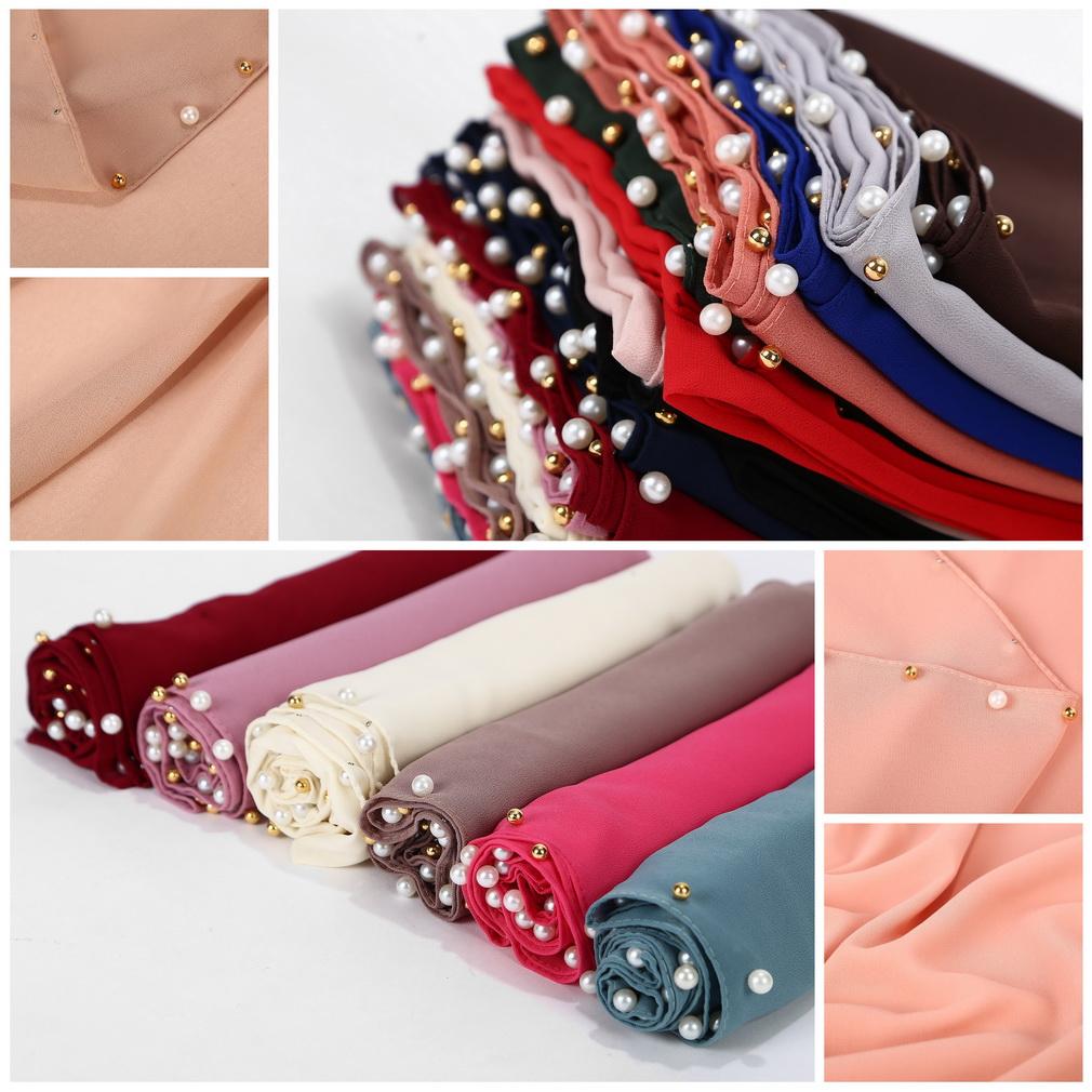 Women's Solid Chiffon Pearl Scarf, Elegant Beaded Hijab Shawl, Muslim Headscarf for Daily/Party