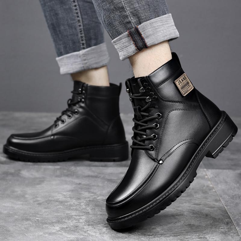 Men's short boots Winter Classic Quality Warm Style Office or business work Black thick soled high top leather shoes