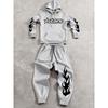 Street Style Men's Casual 2 Piece Set, Printed Drawstring Hoodie and Drawstring Jogging Pants Set, Suitable for Traveling