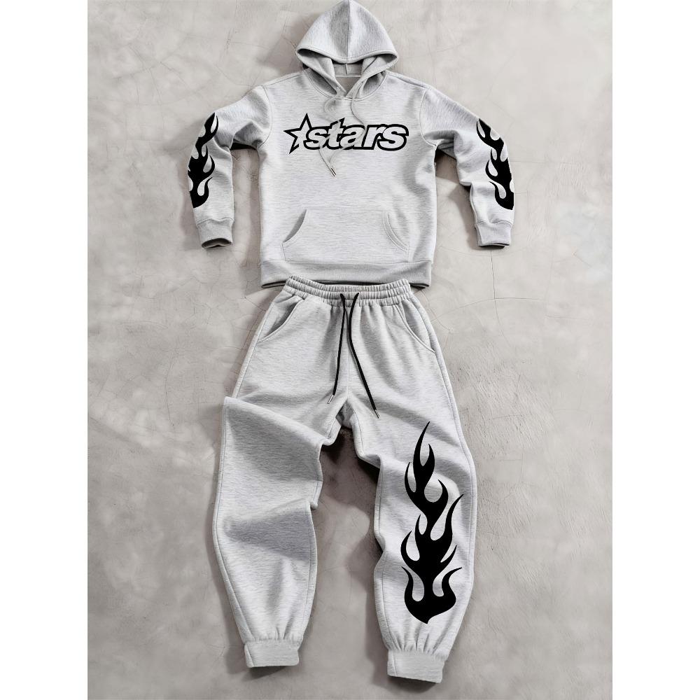 

Street Style Men s Casual 2 Piece Set, Printed Drawstring Hoodie and Drawstring Jogging Pants Set, Suitable for Traveling S серый