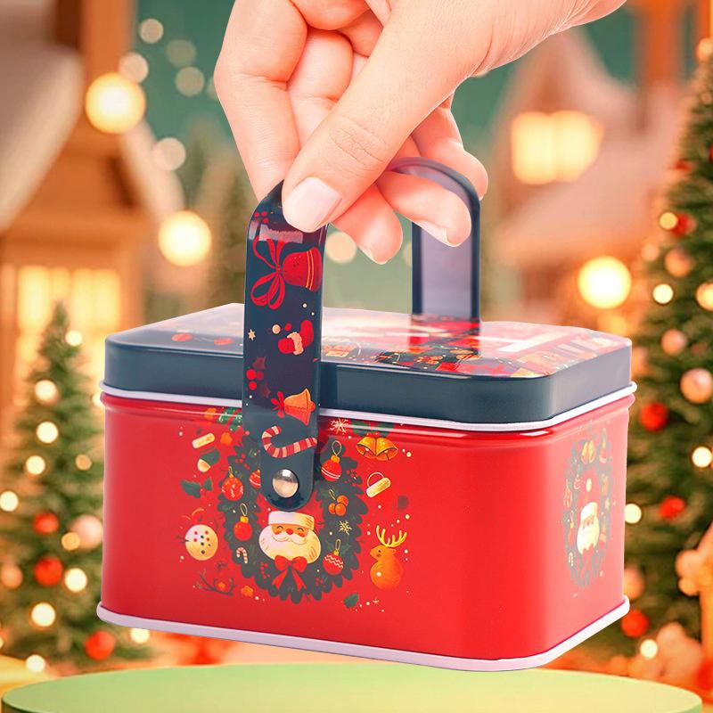 1 Pcs Christmas Gift Box With Handle Tinplate Candy Cookie Packaging Box Containers Kids  Year Gift Decor Xmas Party Supplies