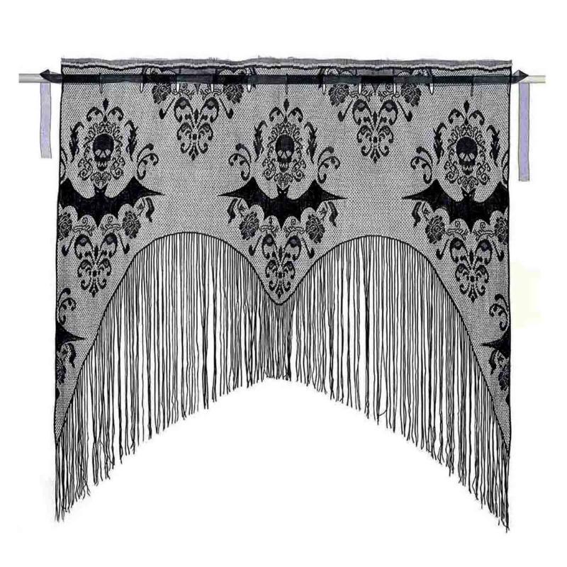 

Halloween Lace Skull Window Curtain Black Tassel Door Curtain for Halloween Home 1