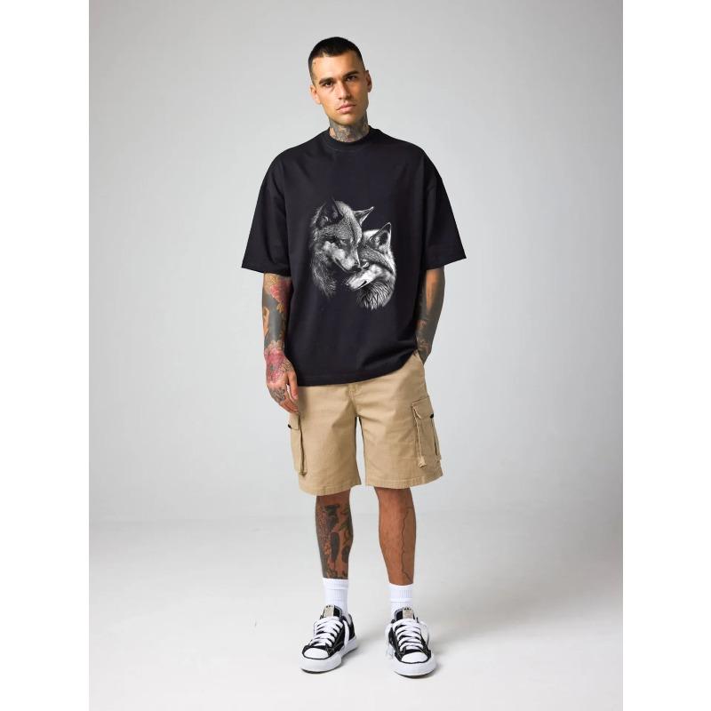 Oversized T-Shirt Black Wolf Couple Graphic Print Men Casual Streetwear Fashion Top