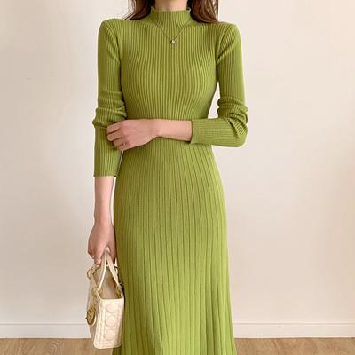 Autumn Winter Slim Long Sleeve Party Midi Dress Women Knitted Half High Collar Elegant Knitted Sweater Dresses Ladies