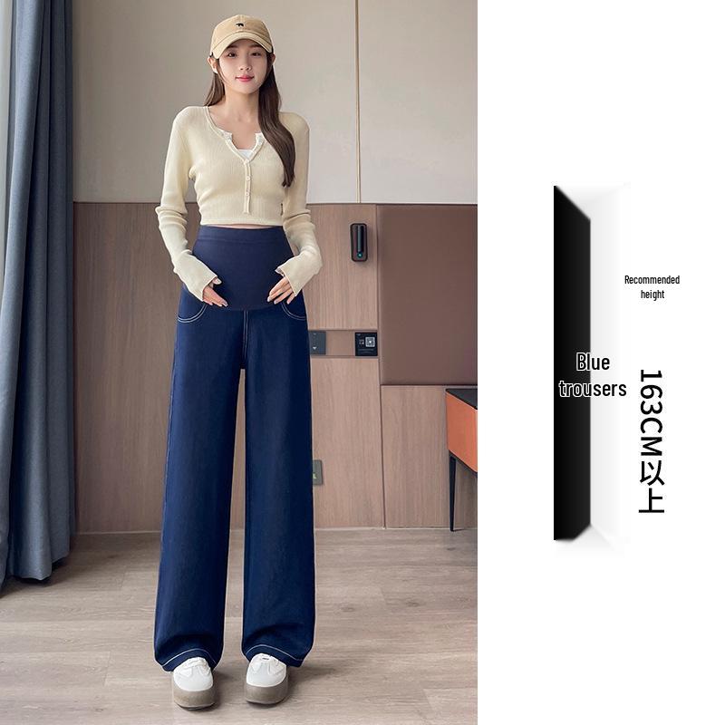 

Plus Size Maternity Wide-Leg Jeans with Abdominal Support - Fleece Lined, Thickened, and Floor-Length for Autumn/Winter. 4XL