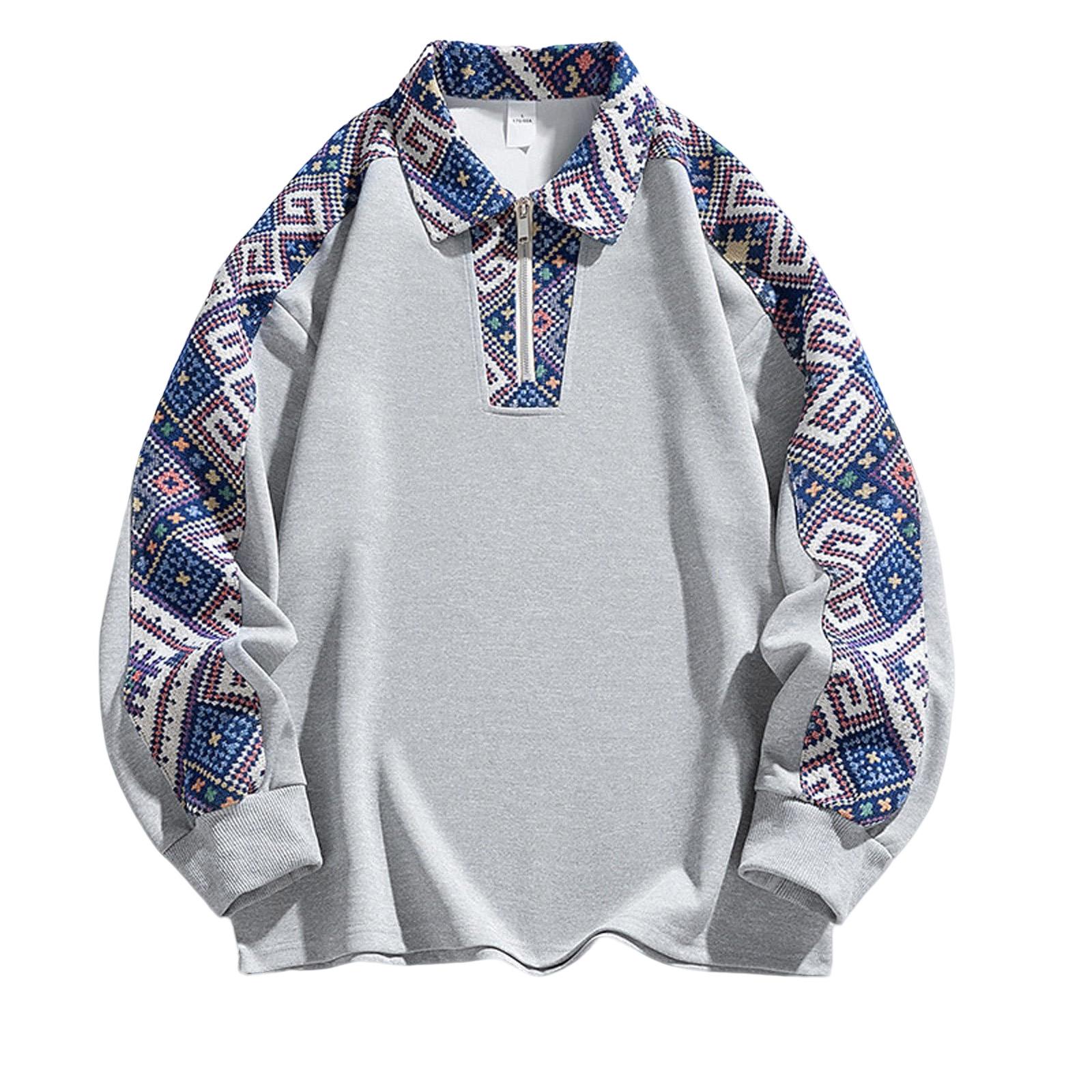 

Mens Shirts Vintage Ethnic Graphic Shirt Casual Long Sleeve Quarter Zipper Shirts Patchwork Shirt XXL