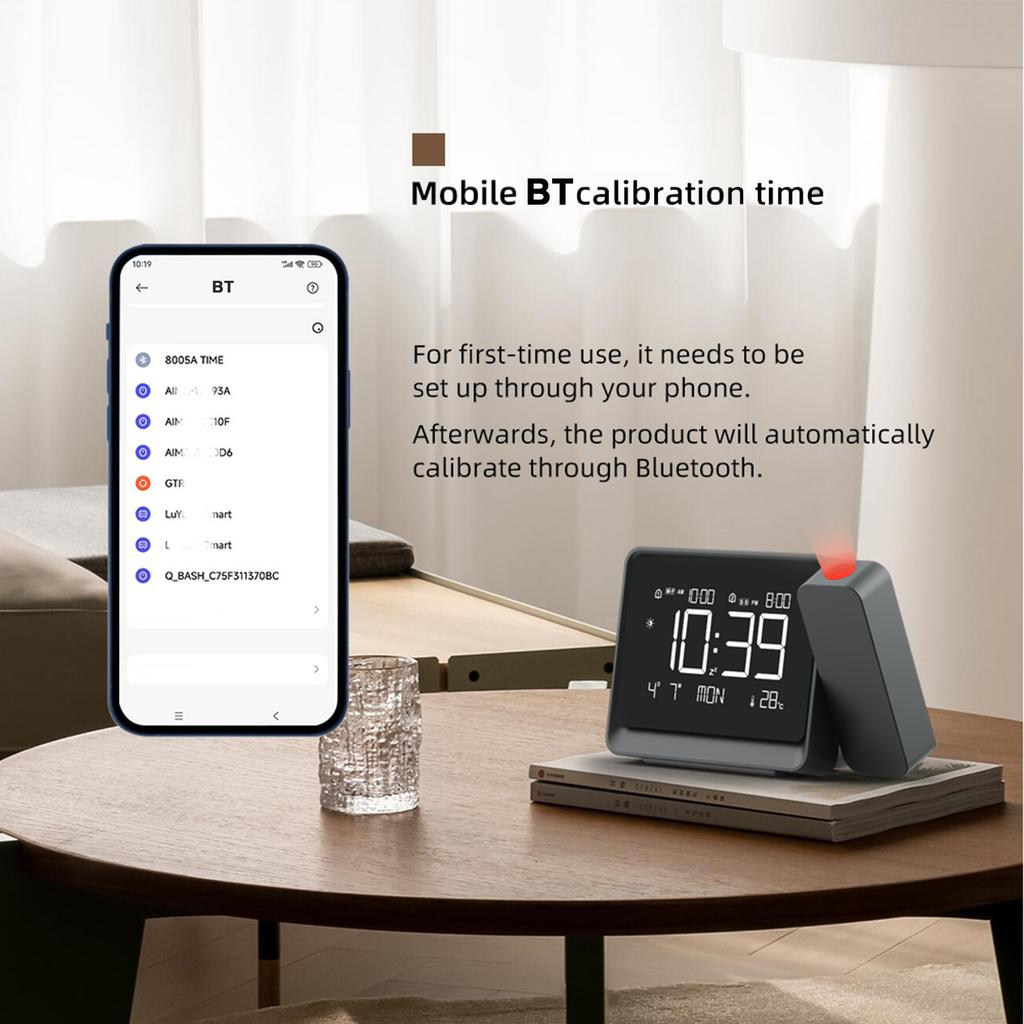Projection Alarm Clock for Ceiling, Bluetooth Auto-Sync Time & Temp, Adjustable Focus Bedside Clock, Great for Kids Adults