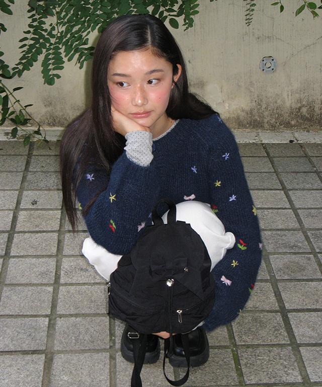 Ronron Ribbon Pointed Mini Backpack Black