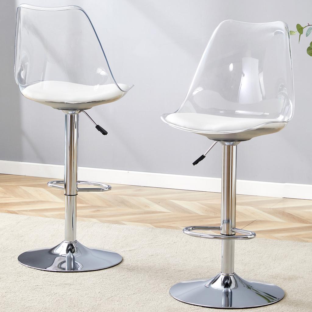 Modernes, verstellbares Barhocker-Set, 2 Stück, Rückenlehnen aus transparentem Kunststoff, Sitzfläche aus PU-Leder, Metallbeine, höhenverstellbar, 360 Grad drehbar