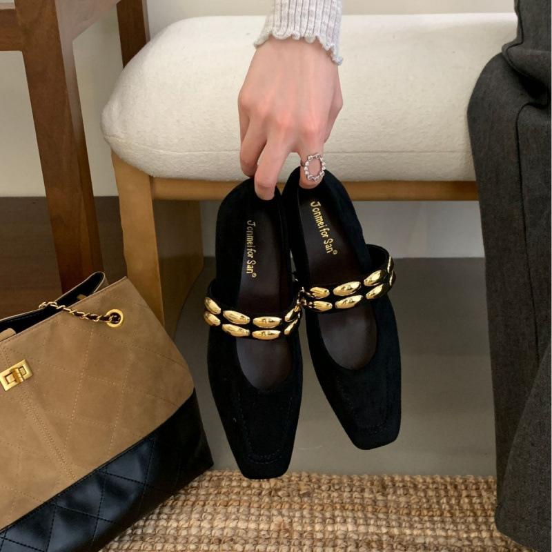 2025 autumn and winter new square head suede thick low heel light mouth versatile metal buckle decorative soft sole women's single shoes