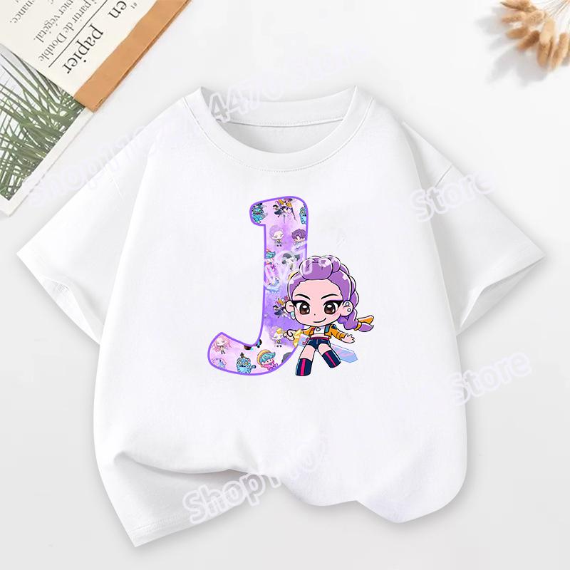 KPop Demon Hunters Child Short Sleeve T-shirt Cartoon Rumi Mira Zoey A-Z Print Cotton Tops Kawaii Summer Casual Tees Kids Gifts