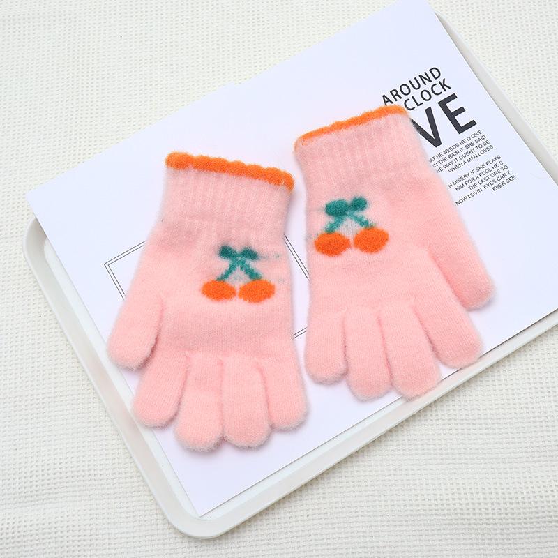 Girls' Winter Cherry Heart Gloves - Cute, Warm, Cold-Proof Five-Finger Gloves for Kids.