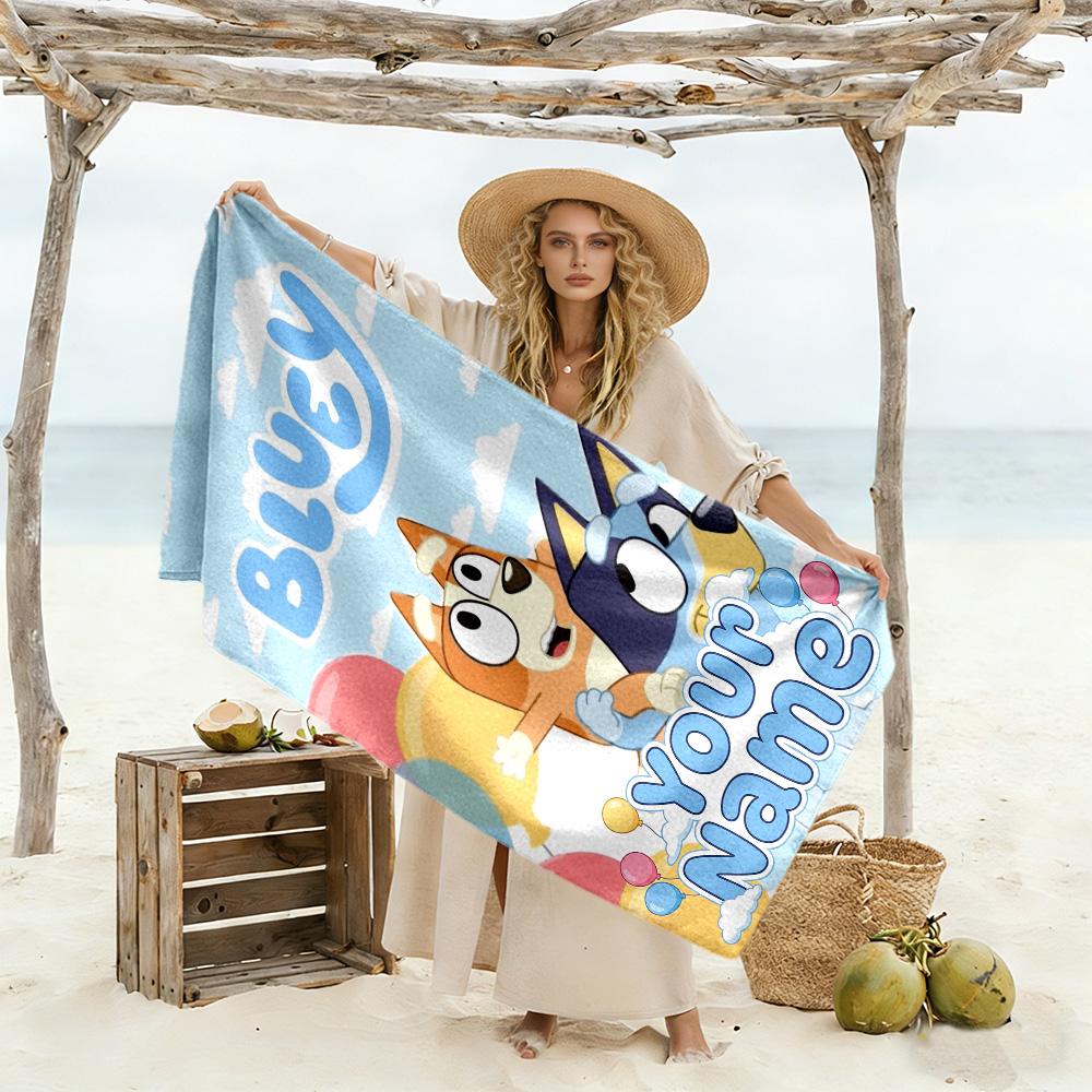 Bluey Customize Text Beach Towel Super Soft Microfiber Quickdry Fabric