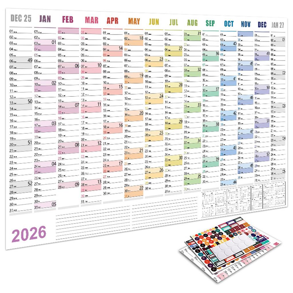 2026 Wall Calendar Large Annual Calendar with Colorful Stickers Paper Blank Poster Calendar Chart 365 Days Daily Planner for Office Home Foldabl