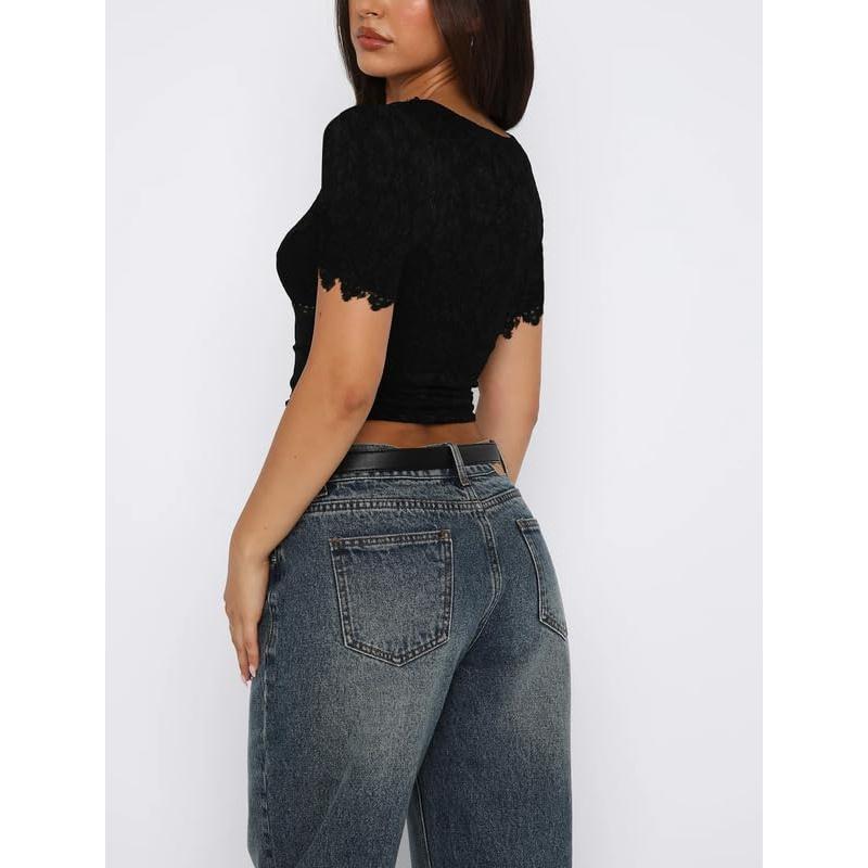 Sexy Lace Short Sleeve Shirts for Women Low Cut Lace Sheer Mesh Going Out Crop Top Streetwear