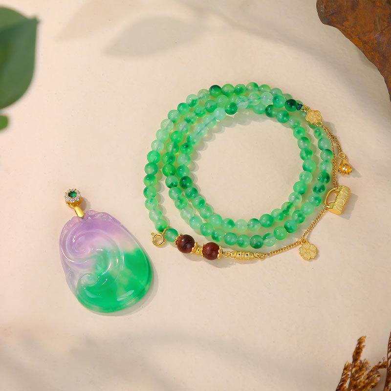 Women's Ruyi Necklace: Spring Color Jade, Floating Flower Pendant, Dongling Jade & Glazed Bead Chain