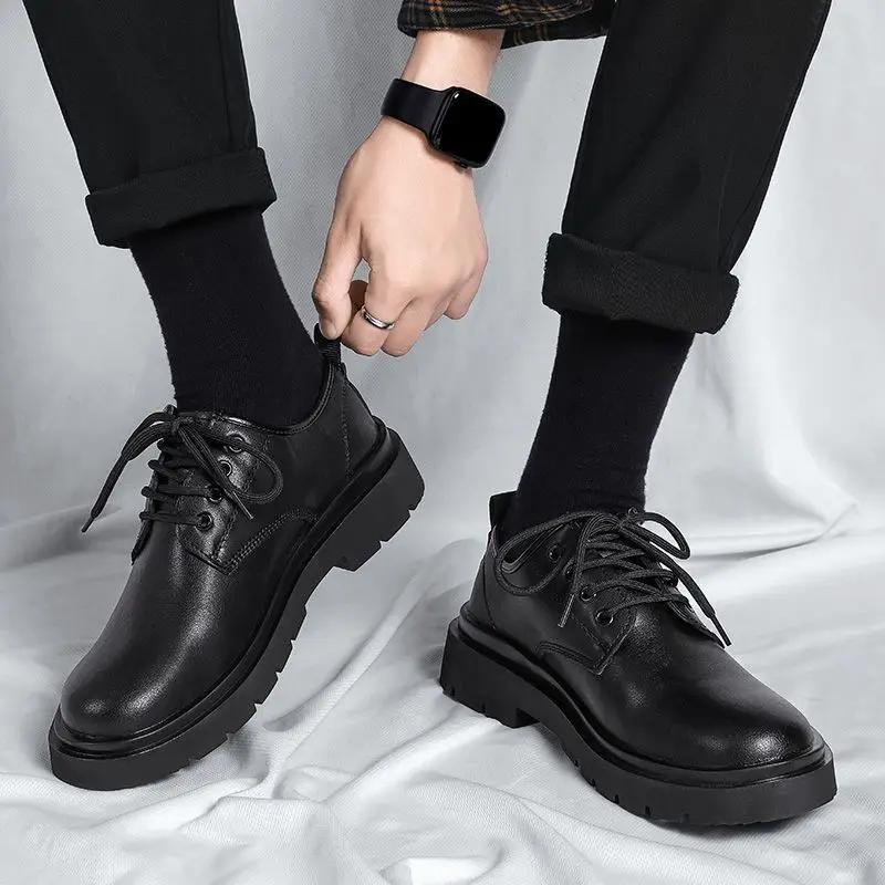 Fashion Thick Sole Male Casual Shoe Black Plain Low-Top Common Retro Classic Original Price New In Cowhide Size 44 Men's Leather Shoes