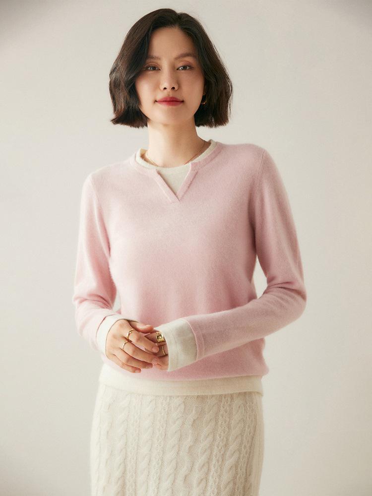 Korean Style Color Block Women's Cashmere Knit Patchwork Top - Fake Two-Piece, Round Neck, Long Sleeve