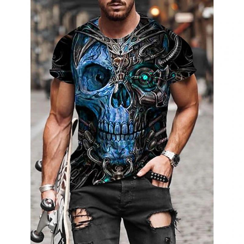 Men's 3D Vintage Skull Skeleton Graphic T-Shirt Casual Short Sleeve Crew Neck