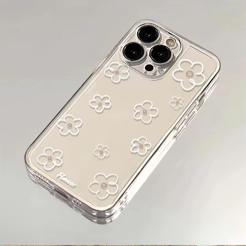 

Minimalist White Floral Print Phone Case for iPhone 17 16 15 14 13 12 11 16E Series Pro Max Plus Double Layer Protection iphone 16 ProMax