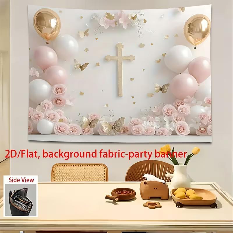 2D Pink Gold Cross and Balloons Studio Background for Religious Party