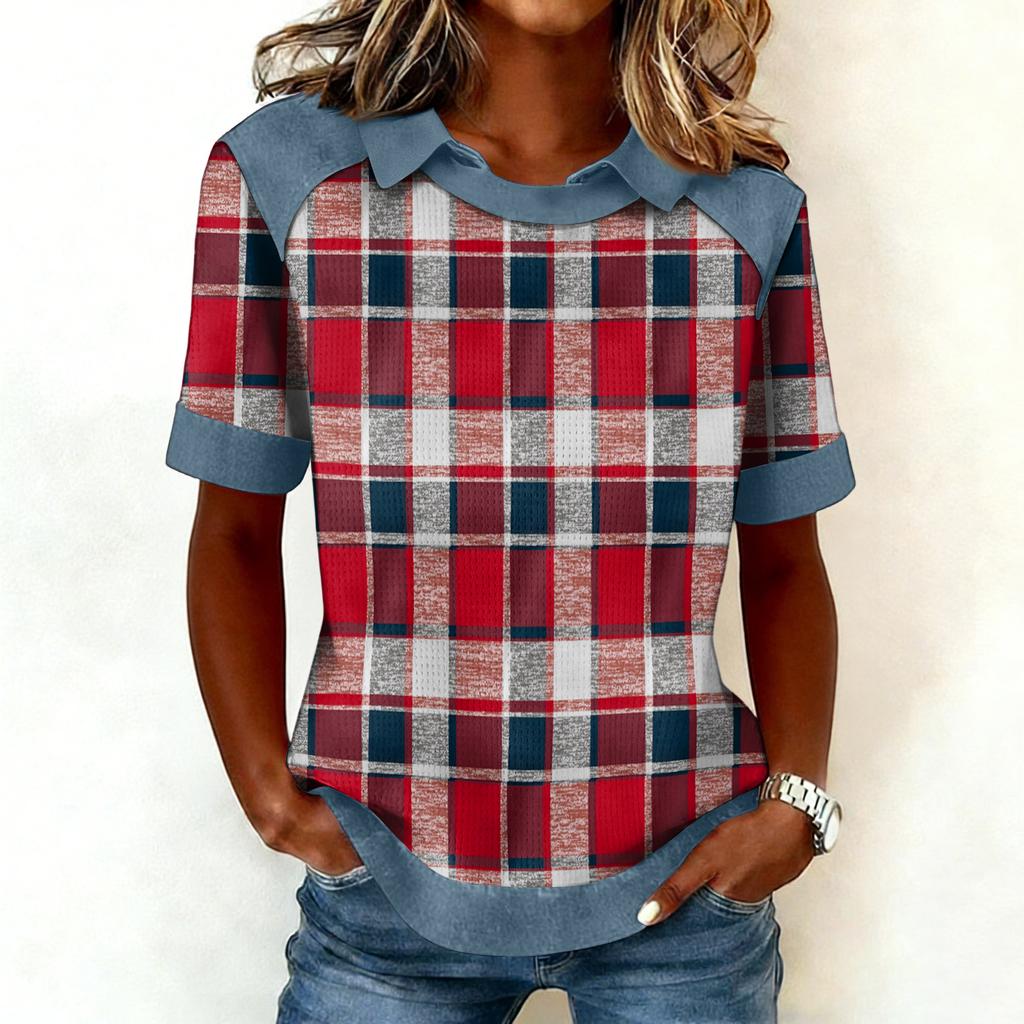 Women's Fashion Collar Cowboy Splicing Sweatshirt Casual Printed Hoodie Short Sleeve Shirt Top