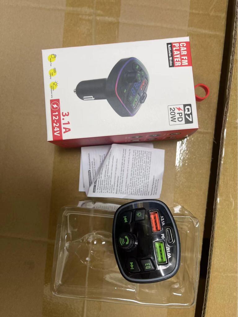 Car Bluetooth MP3 Player with Hands-Free Calling, Voice Broadcast, PD Fast Charging, and USB Flash Drive.