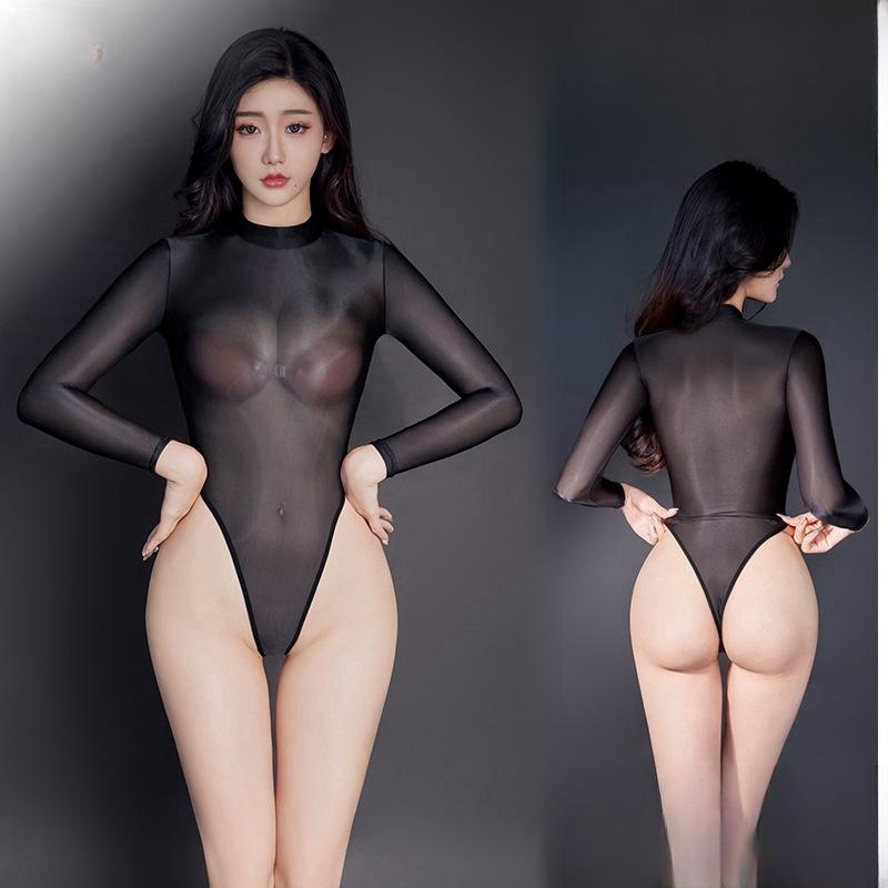 Elastic Sheer  Mesh See Through Female Bodysuit Sexy Lingerie Open Crotch One-pieces Bodysuits Tops for Women Plus Size