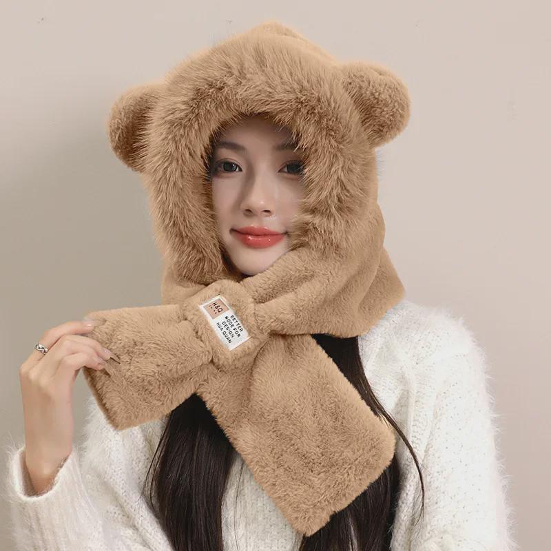 Damen Plüschbär-Mütze & Schal-Set für Herbst/Winter – warmer Ohrenschutz & Halstuch
