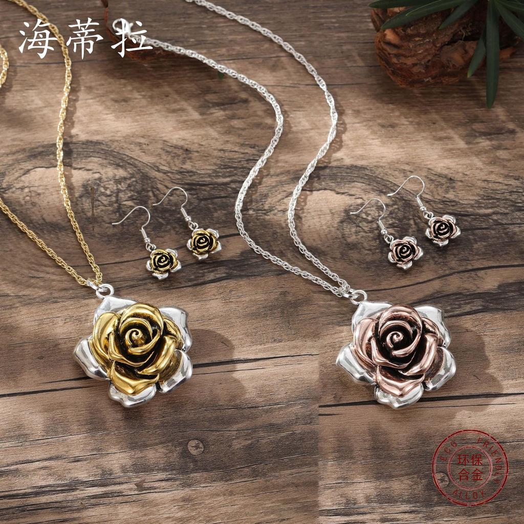 New Glossy Double-color Rose Earrings, Pendant, Fashionable and High-end Women's Two-color Rose Necklace.